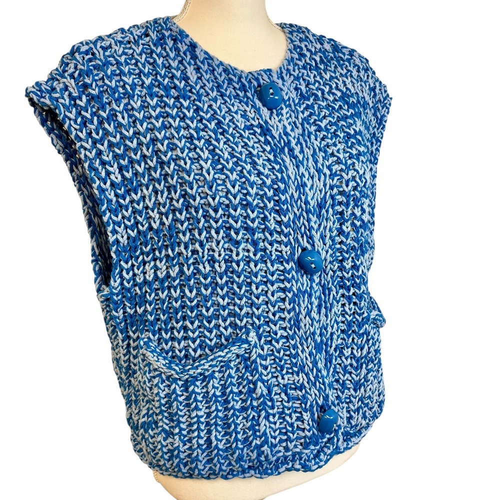 ZARA Blue White Chunky Knit Sweater Vest Cardigan Button Front Pockets Sz‎ L - Picture 8 of 12